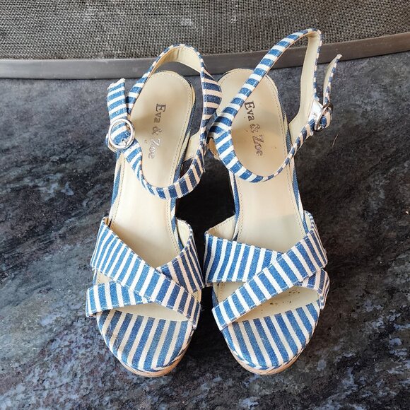 Eva & Zoe Blue/White Striped Sexy 1940s Cork Wedge Sandals Size 8 - Picture 8 of 16